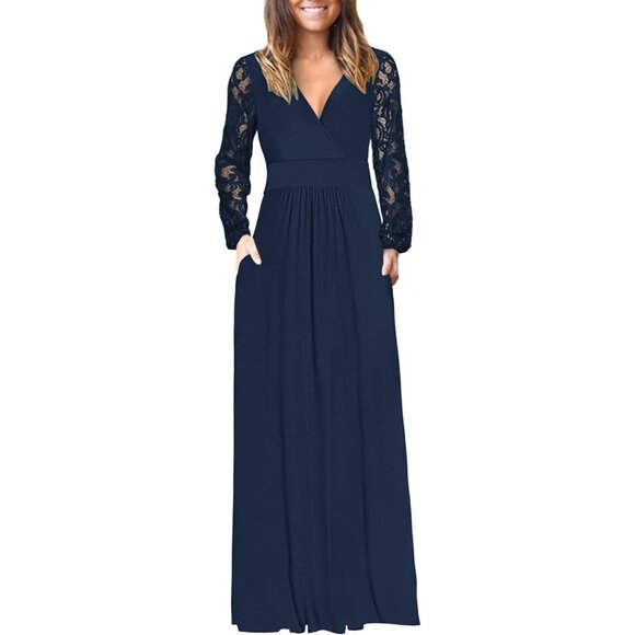 ⚡Blue Women Fall Maxi Dress 2025 Lace Long Sleeve V Neck Wrap Dress with Pockets - Picture 1 of 4
